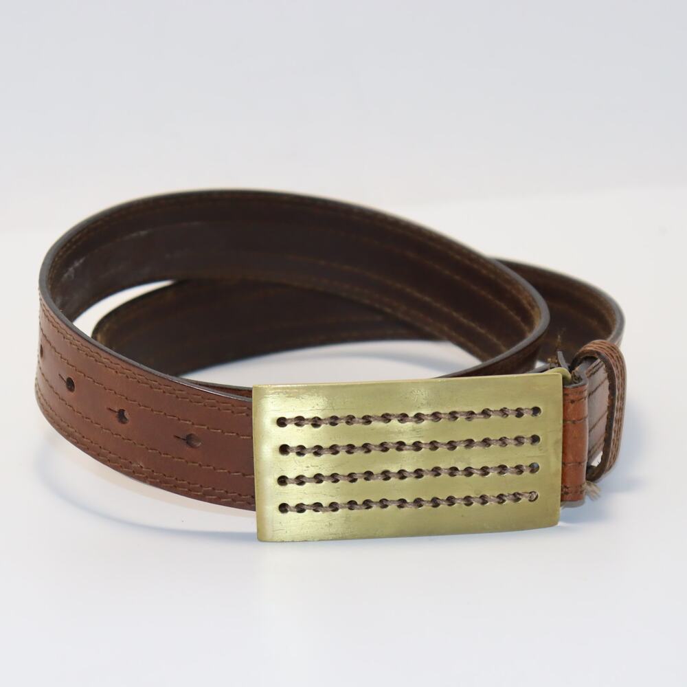 Vintage Leather Belt Brass Buckle Stitched Detail 48 Inch
